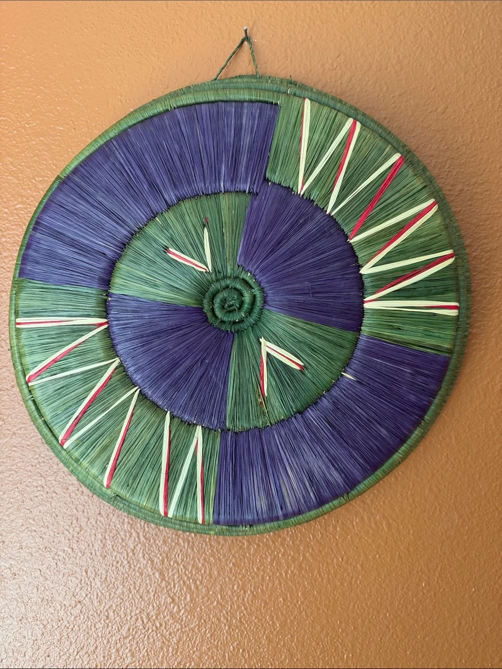 Handwoven Decorative Wall Basket in Green & Purple (14” Diameter)